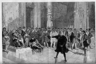 التمثيل المسرحي: "الملك يستمتع" بفيكتور هوغو (1808-1883). الفصل الأول المشهد الخامس: غرفة في متحف اللوفر ، اللعنة. M. de Saint Vallier (Saint-Vallier) قبل الملك فرانسوا الأول (Mounet Sully (أو Mounet Sully) 1841-1916) و jester Triboulet (Edmond بواسطة فريدريك دي هاينين