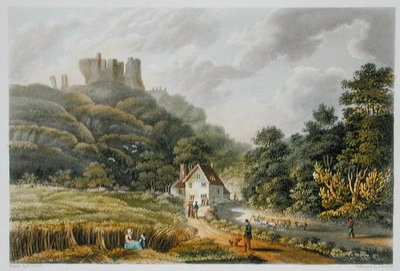 Carisbrook ، من "Isle of Wight Illustrated ، in a Coloured Views" ، نقش بواسطة P. Roberts ، نُشر عام 1846 (aquatint) بواسطة فريدريك (بعد) كالفيرت