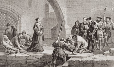 توماس كرانمر (1489-1556) عند بوابة الخائن، من "رسوم توضيحية للتاريخ الإنجليزي والاسكتلندي" المجلد الأول (نقش) بواسطة فريدريك (بعد) جودال