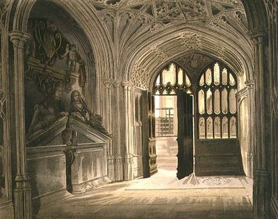 Islip Chapel ، اللوحة U من "Westminster Abbey" ، نقشها J. Bluck (fl.1791-1831) pub. بواسطة رودولف أكرمان (1764-1834) 1812 (أكواتينت) بواسطة فريدريك (بعد) ماكنزي