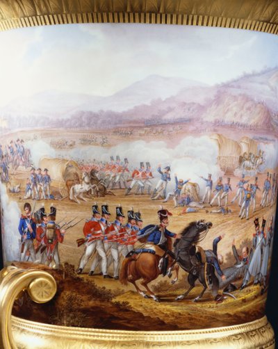 التفاصيل من مزهرية كامبانا النحيلة المطلية بالذهب في برلين وقاعدة من نوع Wellington Service ، متخم 1817 ، رسمت بمشهد من معركة فيتوريا ، 1817 بواسطة فريدريك كريستيان لويس