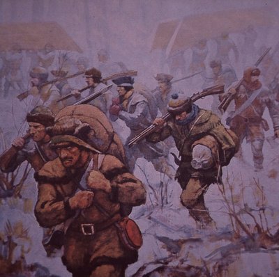 الغزو الأمريكي لكندا. جنود بنديكت أرنولد يسيرون من بوسطن إلى كيبيك في عام 1775 ، حوالي عام 1930 (ليثو ملون) بواسطة فريدريك كوفي (بعد) يون