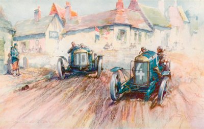 Bablot يقود Delage سعة 3 لتر رقم 10 يطارد بيجو Boillot في سباق Voiturette لعام 1911 في بولوني (لون ليثو) بواسطة فريدريك جوردون (بعد) كروسبي