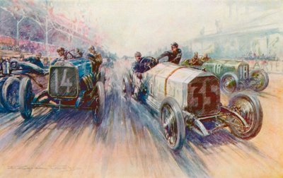 Lautenschlager White Mercedes في 1908 Grand Prix ، وهو سباق تم فيه إنفاق الإطارات بكميات كبيرة (لون litho) بواسطة فريدريك جوردون (بعد) كروسبي