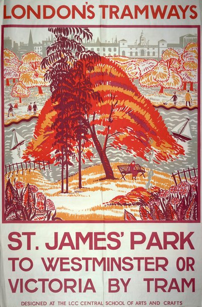 `` St James 'Park to Westminster أو Victoria by Tram' ، ملصق مجلس مقاطعة لندن للترام ، 1925 بواسطة فريدريك جراهام