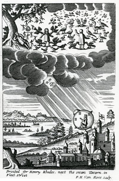 صورة عن "التاريخ الكوميكي لدول وإمبراطوريات عالم القمر" بقلم Cyrano de Bergerac ، تم نشره عام 1687 بواسطة فريدريك هندريك فان هوف
