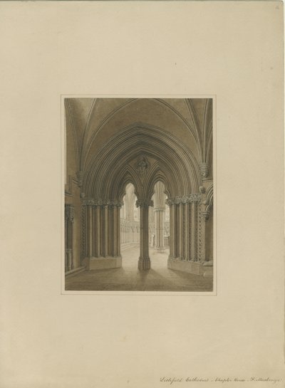 داخل كاتدرائية ليتشفيلد - مدخل بيت الفصل: رسم بني داكن ، بدون تاريخ [سي 1820] بواسطة فريدريك ماكنزي