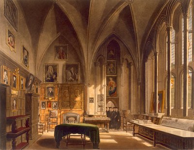 داخل بيت الفصل ، رسم توضيحي من "تاريخ أكسفورد" ، منقوش بواسطة جيه.بلوك (fl.1791-1831) حانة. بواسطة R. Ackermann، 1813 (aquatint) بواسطة فريدريك ماكنزي
