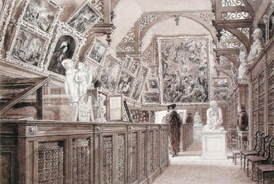 الجزء الداخلي من مدرسة Old Perse ، مع عرض مجموعة مختارة من Bequest للورد Fitzwilliam (قلم رصاص وفرشاة وغسل على الورق) بواسطة فريدريك ماكنزي