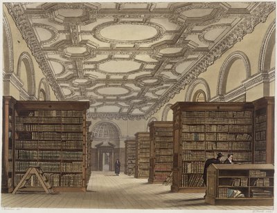 داخل المكتبة العامة ، كامبريدج ، من "تاريخ كامبريدج" ، نقشها دانيال هافيل (1785-1826) ، حانة. بواسطة R. Ackermann ، 1815 (ألوان مائية) بواسطة فريدريك ماكنزي