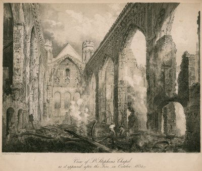 منظر كنيسة سانت ستيفن كما ظهرت بعد الحريق في أكتوبر 1834 بواسطة فريدريك ماكنزي