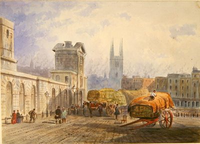 منظر لمستشفى سانت بارثولوميو وكنيسة القديس سيبولشر ، هولبورن ، حوالي عام 1840 (ألوان مائية على ورق) بواسطة فريدريك شبرد