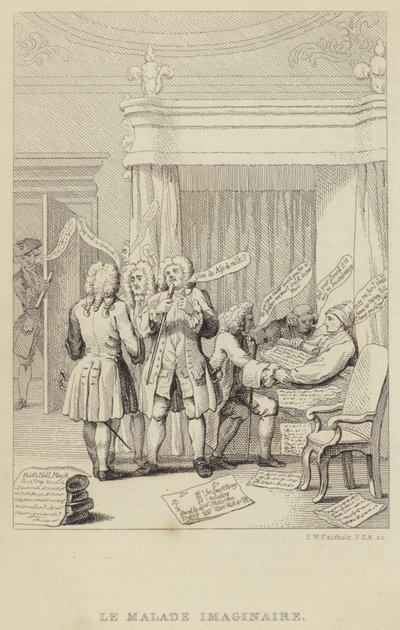 Le Malade Imaginaire: هجاء يصور المؤلف وعالم النبات جون هيل في السرير يتم استشارته من قبل مجموعة من الأطباء المصممين جميعًا على تأمين أتعابهم بواسطة فريدريك ويليام فيرهولت