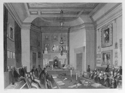 منظر داخلي لبيت سومرست ، يعرض اجتماعًا لجمعية الآثار الملكية ، c.1840 بواسطة فريدريك ويليام فيرهولت