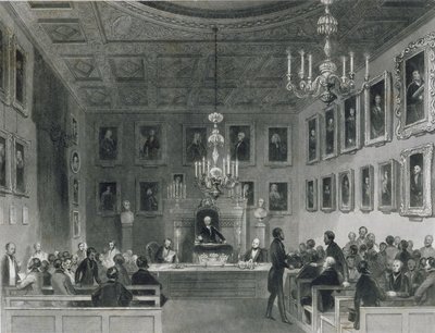 منظر داخلي لبيت سومرست ، يعرض اجتماعًا لجمعية الآثار الملكية ، c.1840 بواسطة فريدريك ويليام فيرهولت