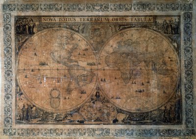 Nova Totius Terrarum Orbis Tabula ، خريطة العالم لنصف الكرة الأرضية المزدوج بقلم فريدريك دي فيت (1629-1630-1706) ، مكرسة للإمبراطور جوزيف الأول ، نقش على النحاس بواسطة فريدريك دي ويت