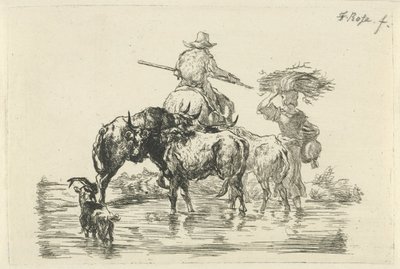 راعي وراعية يخوضان في مجرى مائي بواسطة Nicolaes Pietersz Berchem (ربما)