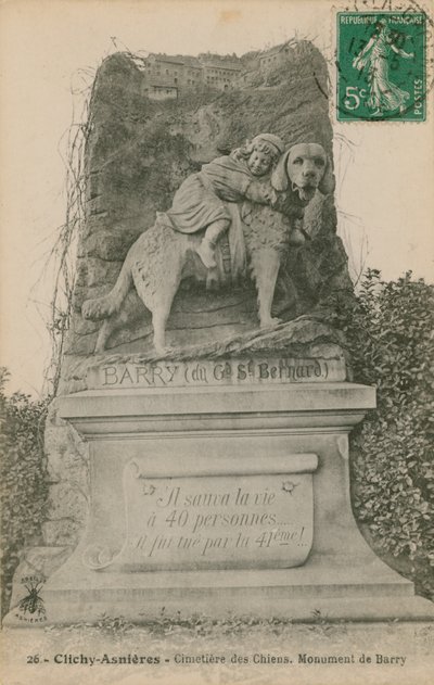 Clichy-Asnieres - Cimetiere des Chiens. نصب باري. أُرسلت البطاقة البريدية عام 1913. بواسطة مصور فرنسي