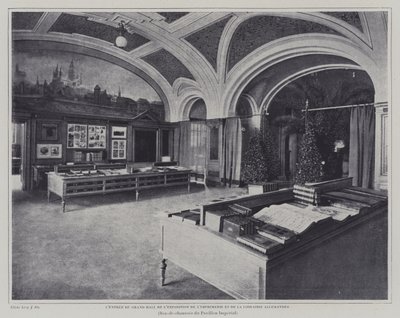 مدخل القاعة الكبرى لمعرض الطباعة والكتب بالجناح الألماني في المعرض العالمي 1900 ، باريس (b / w photo) بواسطة مصور فرنسي