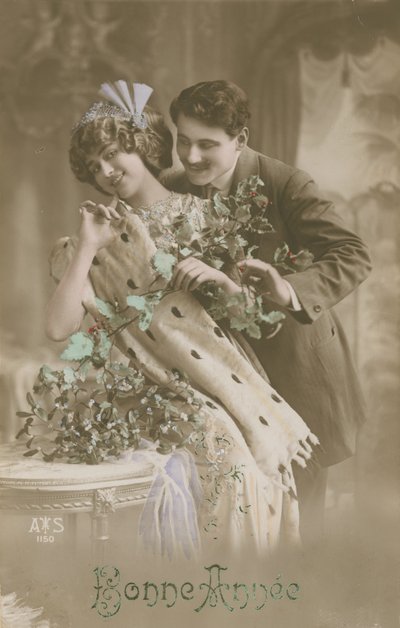 سنة جديدة سعيدة بطاقات المعايدة مع زوجين رومانسية عقد الهدال ، 1913 (صورة ملونة باليد) بواسطة مصور فرنسي