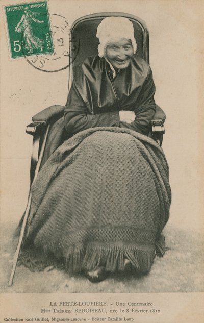 بطاقة بريدية لمئوي ، مدام تيريز بدوازيو ، La Ferte-Loupiere ، 1913 بواسطة مصور فرنسي