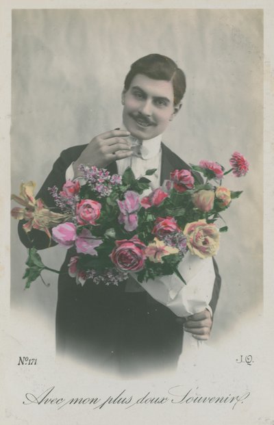 بطاقة بريدية لرجل يحمل باقة من الزهور ، أُرسلت عام 1913 (صورة ملونة باليد) بواسطة مصور فرنسي