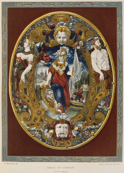 مينا ليموج من القرن السادس عشر ، رسم توضيحي من Dictionnaire de lameublement et de la decoration by Henry Havard ، المجلد 2 ، اللوحة 22 ، باريس ، Maison Quantin ، 1878 بواسطة المدرسة الفرنسية