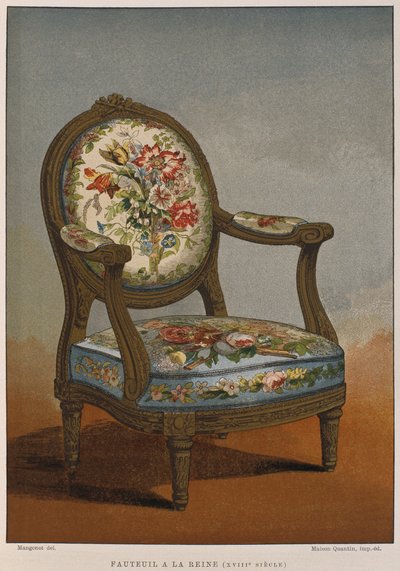القرن الثامن عشر كرسي بذراعين مع نسيج مزهر ، التوضيح من Dictionnaire de lameublement et de la decoration by Henry Havard ، المجلد 4 ، اللوحة 29 ، باريس ، Maison Quantin ، 1878 (اللون بواسطة المدرسة الفرنسية