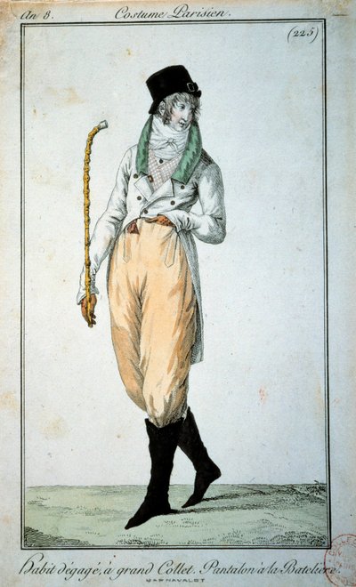 18th century fashion: Parisian suit with large collar, trousers with boats. Paris, Musee du Costume بواسطة المدرسة الفرنسية