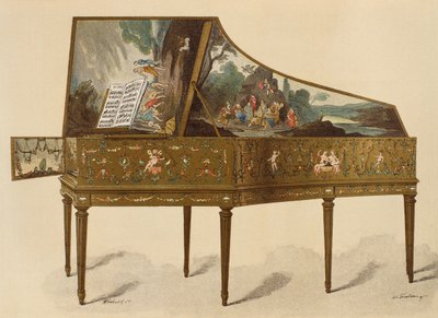 عازف القيثارة من القرن الثامن عشر مزين بشعار ، صورة توضيحية من Dictionnaire de lameublement et de la decoration by Henry Havard ، المجلد 1 ، باريس ، ميزون كوانتين ، 1878 بواسطة المدرسة الفرنسية