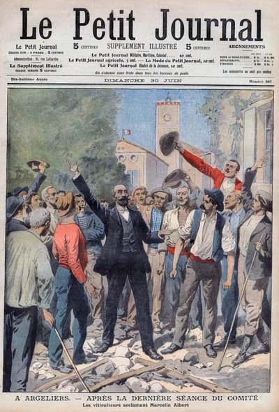 1907 - أزمة النبيذ في جنوب فرنسا - الصفحة الأولى لصحيفة "Le Petit Journal" الصادرة في 30 يونيو 1907 (نقش) بواسطة المدرسة الفرنسية