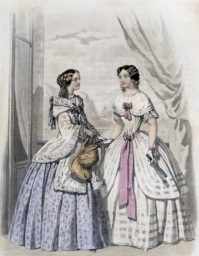 امرأتان عصريتان - في "" Journal des Demoiselles "" 1852. بواسطة المدرسة الفرنسية