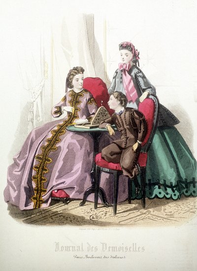 امرأتان وصبي: أزياء - في "" مجلة دامويزيل "" ، ديسمبر 1864 بواسطة المدرسة الفرنسية