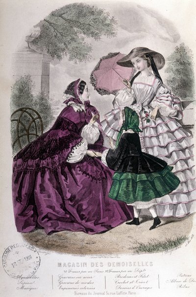 2 امرأتين وفتاة: أزياء - في “” Magazine des damoiselles “”. 1858 بواسطة المدرسة الفرنسية