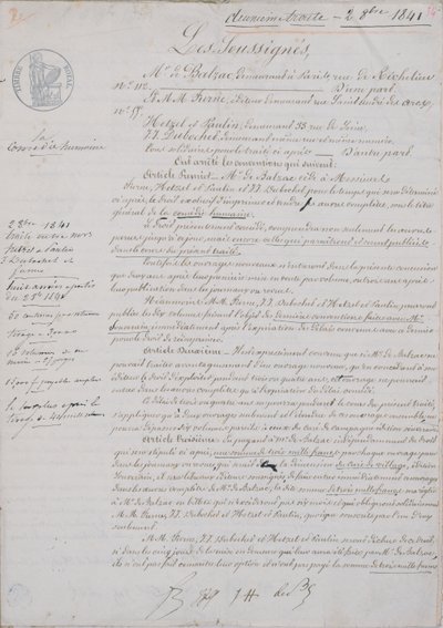 وثيقة العقد الثاني المتعلقة بـ La Comedie Humaine بين Honore de Balzac (1799-1850) و Hetzel و Paulin و Dubochet والناشر Charles Furne ، في 2 أكتوبر 1841 بواسطة المدرسة الفرنسية