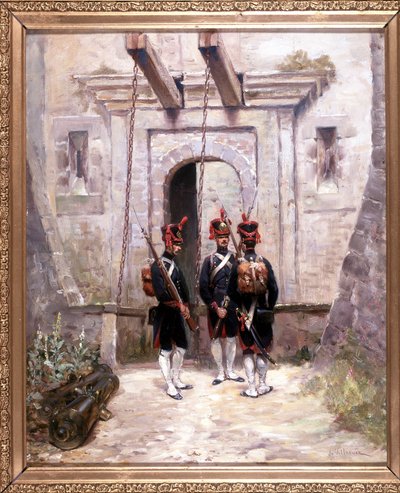 3 تحويل مدفعي ، رسم 65 × 58 سم ، زيت على قماش لدي فيلنوف ، رسام عسكري أواخر القرن التاسع عشر. بواسطة المدرسة الفرنسية