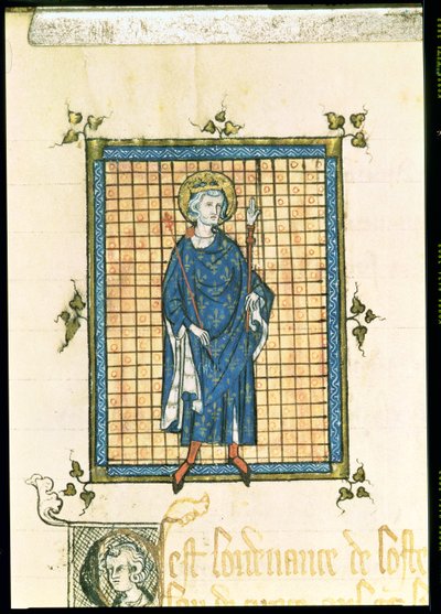 AE II 327 الملك سانت لويس يحمل الصولجان ويد العدالة ، من سجل أوامر L&39;Hotel du Roi ، c.1320 بواسطة المدرسة الفرنسية