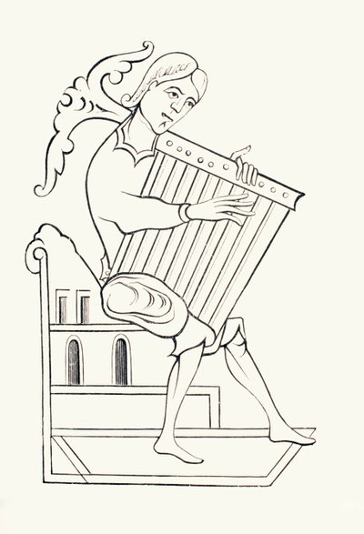 موسيقي من القرن التاسع يعزف على آلة موسيقية تعرف باسم psalterium ، من "Les Arts au Moyen Age" ، تم نشره عام 1873 (ليثو) بواسطة المدرسة الفرنسية