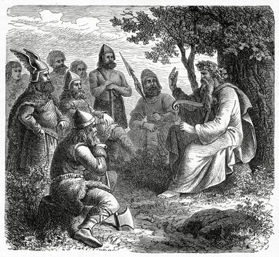 A Bard تلاوة إلى نورثمن ، c.1882 (نقش الخشب) بواسطة المدرسة الفرنسية