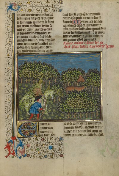 فارس مموه ورامي يقترب من الغزلان ، حوالي 1430-40 (تمبرا وطلاء ذهبي وفضي وأوراق ذهبية على رق) بواسطة المدرسة الفرنسية