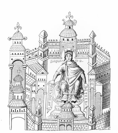 ملك Carlovingian في قصره ، يجسد الحكمة مناشدة للجنس البشري كله ، بعد مصغر في مخطوطة ، نسخها الكونت هوراس دي فييل كاستيل (1798-1864) بواسطة المدرسة الفرنسية
