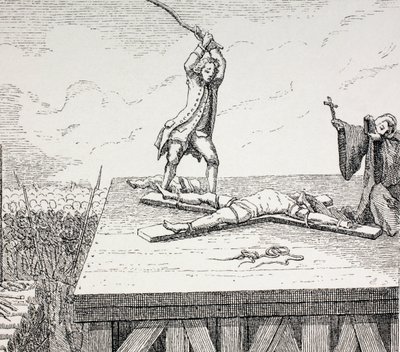 مجرم محكوم عليه بالإعدام وهو مكسور على صليب القديس أندرو في غرابة القرن الثامن عشر ، 1875 بواسطة المدرسة الفرنسية