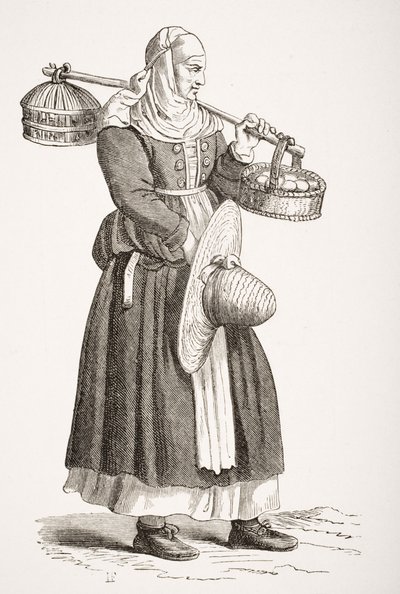 تاجر في البيض ، بعد قطع خشبي من القرن السادس عشر بقلم سيزار فيسيليو (1521-1601) من "Le Moyen Age et La Renaissance" بواسطة Paul Lacroix (1806-84) نشر عام 1847 بواسطة المدرسة الفرنسية