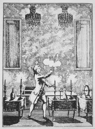 عرض من الشعوذة من La magie Blanche devoilee بواسطة Decremps ، 1659 ، موضح في تاريخ السحر ، نشر في أواخر القرن التاسع عشر بواسطة المدرسة الفرنسية