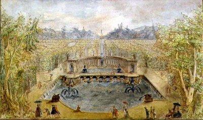 حديقة رسمية بها نوافير ، حوالي عام 1770 (قلم وحبر وألوان مائية على ورق) بواسطة المدرسة الفرنسية