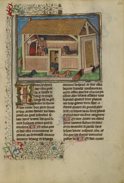 A Hunter Attending to Kenneled Dogs، c.1430-40 (تمبرا وذهبي وطلاء فضي وأوراق على رق) بواسطة المدرسة الفرنسية