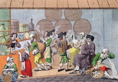 لقاء للفنانين ، و Mudscrapers و Rag Merchants ، كاريكاتير لمقهى شعبي في القصر الملكي في باريس ، c.1800 بواسطة المدرسة الفرنسية