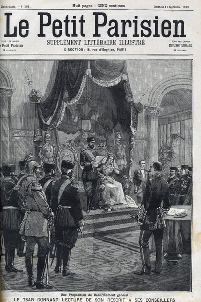 مقترح لنزع السلاح العام (مقدم إلى القوى الأوروبية) - القيصر نيكولاس الثاني (1868-1918) يقرأ كتابه على مستشاريه. لو بيتي باريزيان بواسطة المدرسة الفرنسية