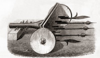 Ribauldequin ، آلة شيطانية أو مدفع عضوي ، مسلحة بمدفع صغير ورماح ، من Les Merveilles de la Science ، تم نشره حوالي 1870 (نقش) بواسطة المدرسة الفرنسية