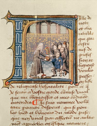 أخت تتلقى هدايا من المرضى ، من Le Livre de Vie Active de l&39;Hôtel Dieu de Paris بواسطة Jean Henry ، c.1482 بواسطة المدرسة الفرنسية